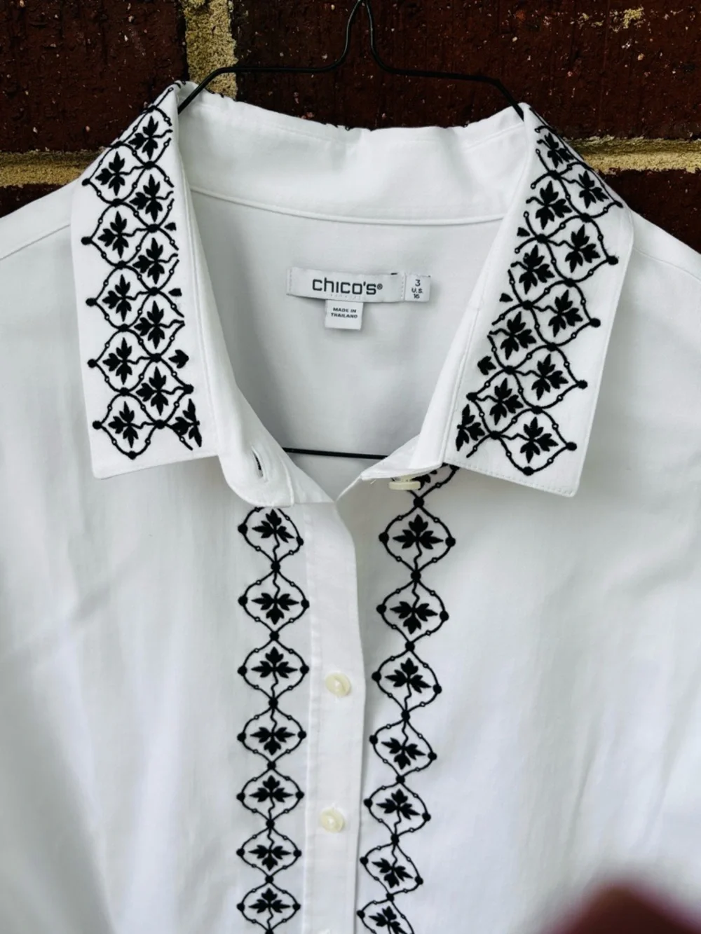 Chicos Size 3 Button down wrinkle free white shirt black embroidery 16 plus BOHO - Picture 2 of 6